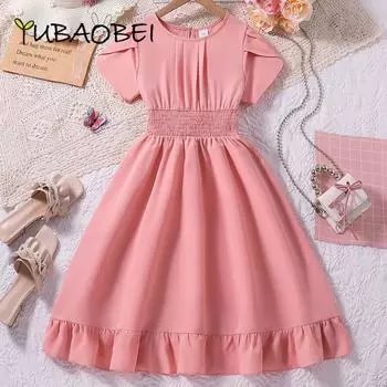 Детская одежда, детские платья, лето 2024, розовое платье принцессы с эластичной резинкой на талии и короткими рукавами, длинное платье для подростков от 8 до 12 лет 8Y розовый