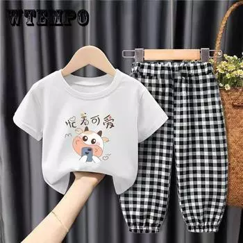 Детская одежда Детский костюм-двойка Хлопковая футболка + повседневные брюки Повседневный костюм для мальчиков и девочек Летняя футболка с короткими рукавами 90