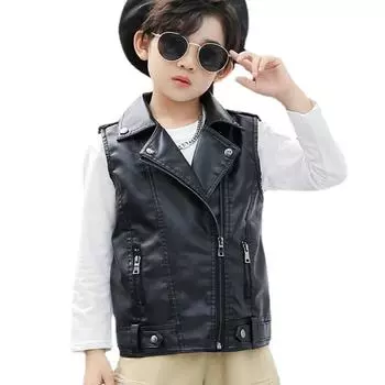 Детская одежда, детский кожаный жилет, универсальный мотоциклетный жилет с лацканами, весенне-осенний жилет из искусственной кожи для мальчиков и девочек, куртка 100 чёрный