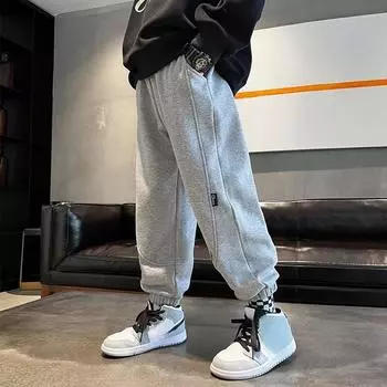 Детская одежда, длинные брюки для мальчиков, весенние и осенние модели, спортивные брюки, красивые повседневные брюки для детей среднего и большого размера, иностранный пот 120 чёрный