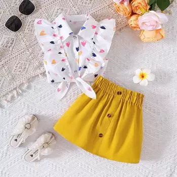 Детская одежда для детей 2-8 лет, новый комплект для девочек на весну и лето, рубашка + юбка-полукомбинезон 4Y жёлтый