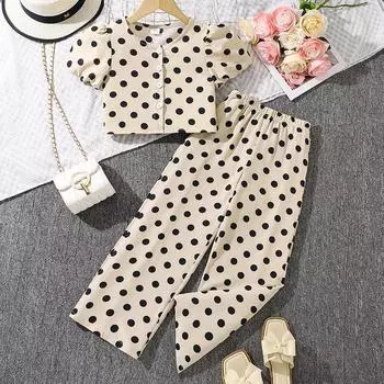 Детская одежда для детей 7-12 лет, костюм в горошек для девочек, летний новый детский повседневный топ с короткими рукавами + широкие брюки, 2 шт. 130cm/8Y белый