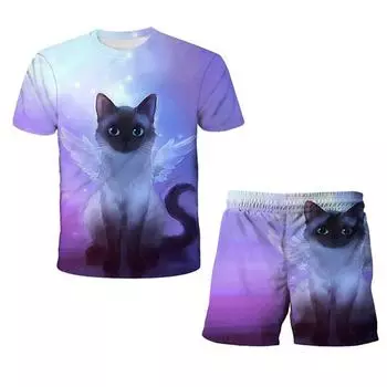 Детская одежда для детей от 1 до 14 лет, футболка с изображением кошек, костюм, одежда для девочек, модная повседневная детская футболка с героями мультфильмов + штаны, комплект из двух предметов 100