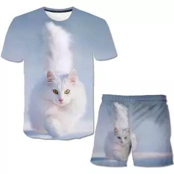 Детская одежда для детей от 1 до 14 лет, одежда для маленьких девочек, повседневная футболка с котами и животными для мальчиков, короткие штаны, комплекты из 2 предметов, костюм, детские спортивные костюмы 100