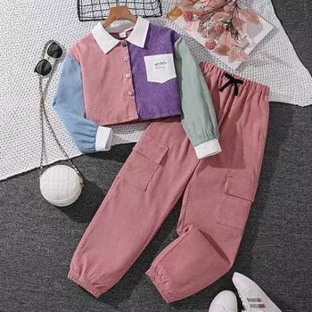 Детская одежда для девочек 3-12 лет, спортивный и досуговый костюм, осенняя новинка, детская цветная куртка с длинными рукавами + рабочие брюки, детский комплект из двух предметов 130cm/8Y розовый
