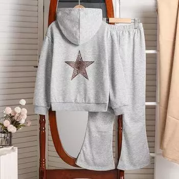 Детская одежда для девочек 7-12 лет, осенний комплект из двух предметов: свитер с длинными рукавами и принтом звезд и свободные брюки 130cm/8Y серый