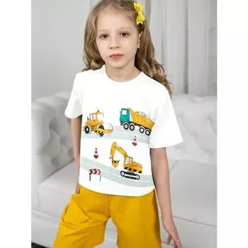 Детская одежда для девочек Футболка с экскаваторами 2024 Одежда для девочек Детские футболки Модная одежда для девочек Топ с летним рисунком 5-6Y