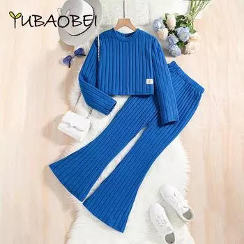 Детская одежда для девочек, модный синий вязаный костюм в полоску, весна-осень, рубашка с длинными рукавами, топы и брюки-клеш, комплект из 2 предметов для девочек 11-12Y синий