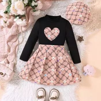 Детская одежда для девочек, осенне-зимний комплект из топа с длинными рукавами и юбки с принтом «Любовный медведь», 2 шт., для девочек 2–7 лет 4Y чёрный