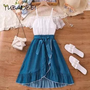 Детская одежда для девочек-подростков 7-12 лет, летняя кружевная рубашка на подтяжках, топ + юбка, модный комплект из 2 предметов для детей 8Y