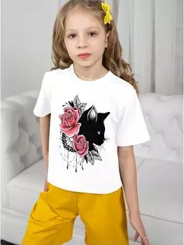 Детская одежда для девочек-подростков Одежда для девочек Футболки с рисунком кошек и цветов Детские футболки Детские футболки Модная одежда для девочек 5-6Y