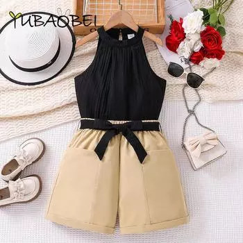 Детская одежда для девочек-подростков, повседневный топ и шорты, комплект из 2 предметов, летний модный костюм-рубашка без рукавов для девочек 8Y чёрный