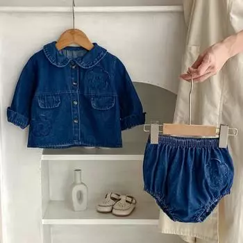 Детская одежда для девочек с длинными рукавами, джинсовый костюм, однотонное пальто, шорты, комплекты модной одежды для девочек ясельного возраста bafanou 66184 73cm(6-12M) синий