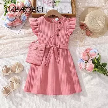 Детская одежда для девочек, стильное платье принцессы с сумкой, милые повседневные платья в полоску для девочек 4, 5, 6, 7 лет