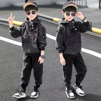 Детская одежда для девочек, весенний джинсовый комплект для мальчиков, джинсовая куртка с длинными рукавами + брюки, костюм из 2 предметов, комплект одежды для маленьких мальчиков 160 чёрный