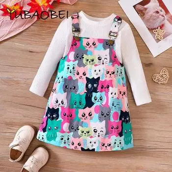 Детская одежда для девочек весна осень трикотажные топы + юбка на подтяжках с принтом мультяшного кота комплект для малышей слинг платье костюм 120 белый