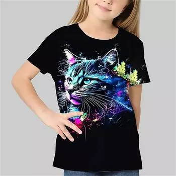 Детская одежда для девочки с 3D-принтом милого кота, повседневная футболка с коротким рукавом, графическая футболка, милая и забавная летняя футболка для девочек для улицы 100