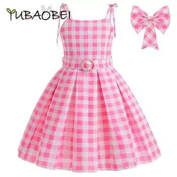 Детская одежда для косплея из фильмов, платье принцессы для девочек, модные розовые длинные платья в клетку на подтяжках с бантом, аксессуары для волос 4T