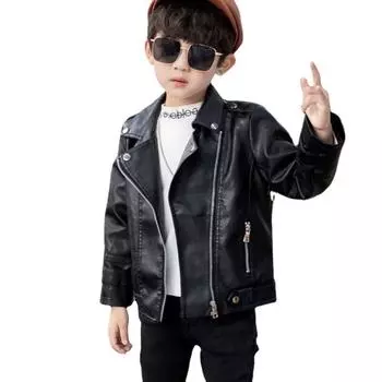 Детская одежда для мальчиков и девочек, весенне-осенняя кожаная куртка с отложным воротником, детская мотоциклетная куртка в корейском стиле 100 чёрный