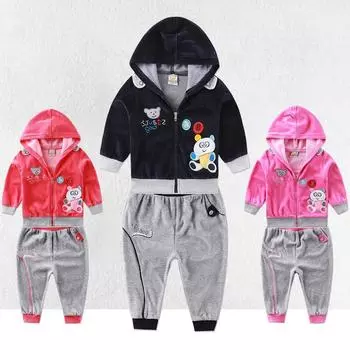 Детская одежда для мальчиков и девочек, велюровый комплект брюк с длинными рукавами на зиму и весну со шляпой, детская одежда на молнии 1T розовый