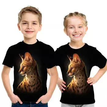Детская одежда для мальчиков и девочек с коротким рукавом, летняя детская одежда с 3D-принтом кота, милая черная футболка 2024 года, детская одежда, топы для девочек 100