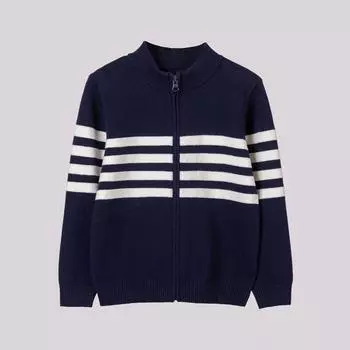 Детская одежда для мальчиков, полосатая рубашка на молнии, куртка, осенний новый детский однослойный хлопковый свитер 110 тёмно-синий