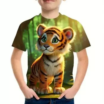 Детская одежда для мальчиков с принтом животных и тигра в формате 3D, повседневные футболки с короткими рукавами, спортивные футболки для мальчиков 100