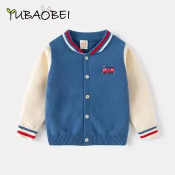 Детская одежда для мальчиков, вязаная куртка с мультяшной вышивкой, весна-осень, новая мода, хлопковый кардиган с длинными рукавами, свитер для мальчиков 100 синий