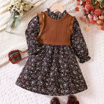 Детская одежда для малышей 2-8 лет, новые модели для девочек на осень и зиму, платье с цветочным принтом + трикотажный жилет 90cm коричневый