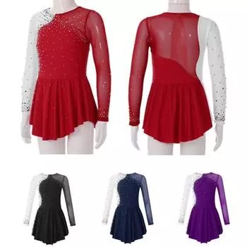 Детская одежда для танцев для девочек, платья для катания на коньках с длинными рукавами и круглым вырезом, декорированные стразами, контрастного цвета 7-8 Years фиолетовый
