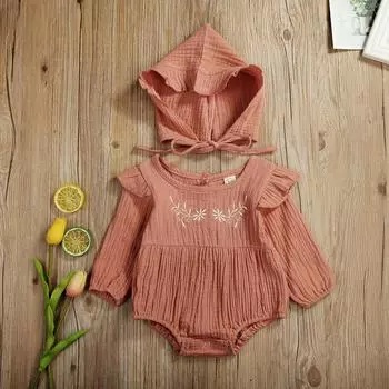Детская одежда, дышащий хлопковый льняной комбинезон с рюшами на рукавах, детский комбинезон с цветочной вышивкой и однотонной шляпой 0-6 M бежевый