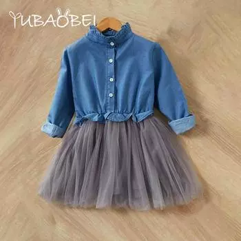 Детская одежда, джинсовые топы с длинными рукавами, сетчатое платье, модные джинсовые платья, детская лоскутная фатиновая юбка-пачка для девочек 4T синий