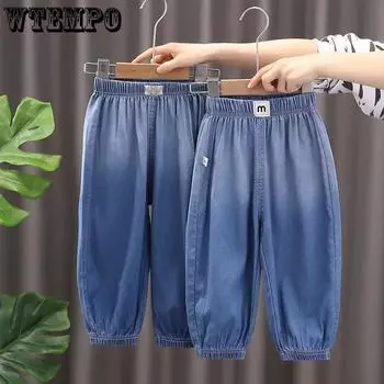 Детская одежда. Джинсы для мальчиков и девочек. Весенние и осенние повседневные брюки. Брюки. Брюки с карманами и принтом. 110