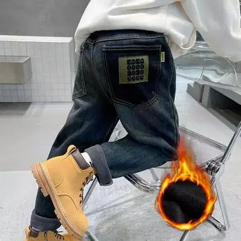 Детская одежда Джинсы для мальчиков Осень-зима Плюс Утолщенные брюки из бархата Повседневные брюки для мальчиков 170 синий