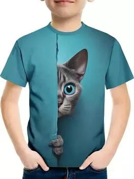 Детская одежда Футболка для девочек и мальчиков с коротким рукавом Детская летняя одежда Футболка с рисунком кота в виде 3D-мультяшной футболки 100