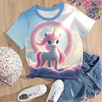 Детская одежда Футболка для девочек с 3D принтом конфетного цвета Футболка с круглым вырезом и короткими рукавами Детская летняя повседневная одежда для девочек на открытом воздухе 100