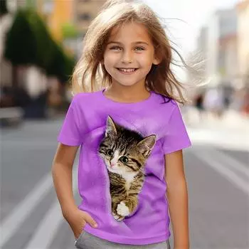 Детская одежда Футболка для девочек с изображением животных и кошек, футболки для девочек, детский подарок, повседневная футболка с коротким рукавом 110