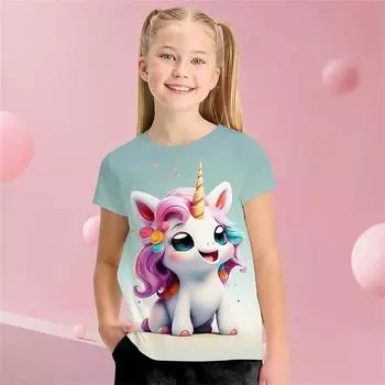 Детская одежда Футболка для девочек с коротким рукавом и принтом из мультфильмов Детская летняя одежда Повседневная милая одежда с круглым вырезом для девочек Верхняя одежда для активного отдыха 100