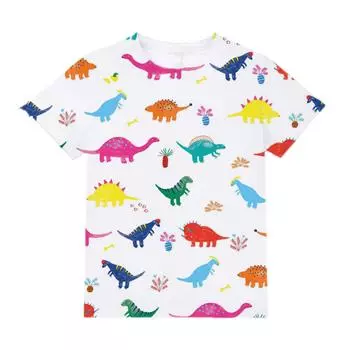 Детская одежда Футболка для мальчиков с коротким рукавом и принтом динозавров из мультфильмов Детская летняя одежда Повседневная уличная одежда с круглым вырезом для девочек Топ 100