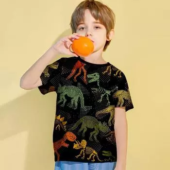 Детская одежда Футболка для мальчиков с 3D принтом многоцветного динозавра Детская летняя одежда с короткими рукавами Повседневная одежда с круглым вырезом для девочек 140