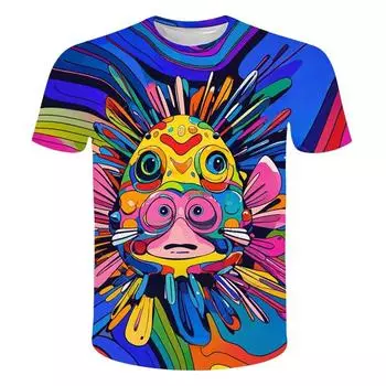 Детская одежда Футболка для мальчиков с коротким рукавом 3D Цветной принт в виде рыбы-пуховика Детская летняя одежда Повседневная забавная одежда для девочек Топы 160