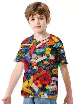 Детская одежда Футболка для мальчиков с коротким рукавом Детские футболки с 3D-принтом в виде строительных блоков Забавная детская летняя одежда Одежда для девочек 170