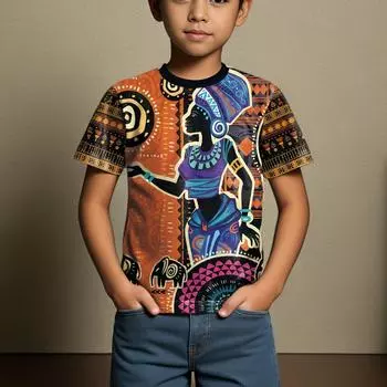 Детская одежда Футболка для мальчиков с коротким рукавом Креативный племенной принт Винтажная детская летняя одежда Повседневная одежда для девочек Топы с круглым вырезом 100