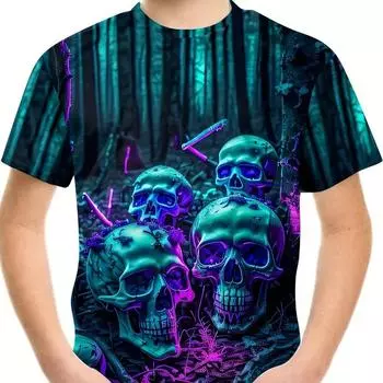 Детская одежда Футболка для мальчиков с коротким рукавом Детские футболки с забавным принтом на Хэллоуин Детская одежда с круглым вырезом Летняя одежда для девочек 170