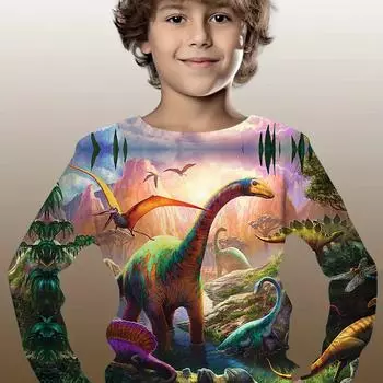 Детская одежда Футболка для мальчиков с длинным рукавом Детская футболка Стильная 3D мультяшная принтованная футболка с динозаврами Футболка для мальчиков Детская летняя одежда 100cm