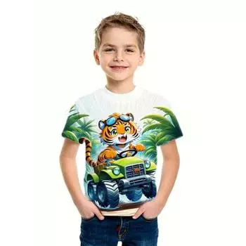 Детская одежда Футболка для мальчиков с коротким рукавом Стильная 3D-принт тигра Детская летняя одежда Повседневная одежда с круглым вырезом для девочек 100