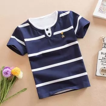 Детская одежда Футболка из чистого хлопка для мальчиков Детские летние топы с короткими рукавами Футболка в полоску с двойным воротником и круглым вырезом 100cm белый