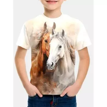 Детская одежда Футболка с изображением лошади для девочек, 19 цветов, одежда для мальчиков, 3D футболка для мальчиков, детская футболка для детей от 4 до 14 лет, корейская 100