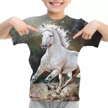 Детская одежда Футболка с принтом белой лошади Повседневная детская одежда Футболка для мальчиков и девочек Топы с коротким рукавом Летняя детская футболка