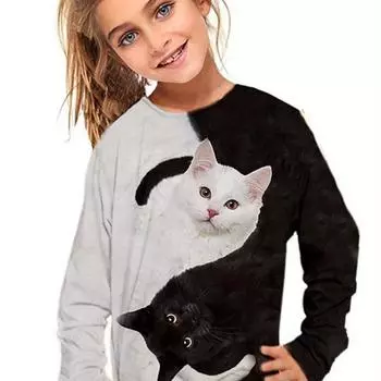 Детская одежда Футболки для девочек с длинным рукавом Детская футболка с рисунком из мультфильма Круглый вырез Принт для кошек Повседневная детская летняя одежда Топ для девочек Футболка 170